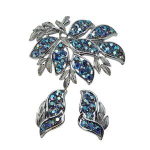 Vintage Coro Rhinestone Brooch & Earrings Set Clip On Aurora Borealis ***Read